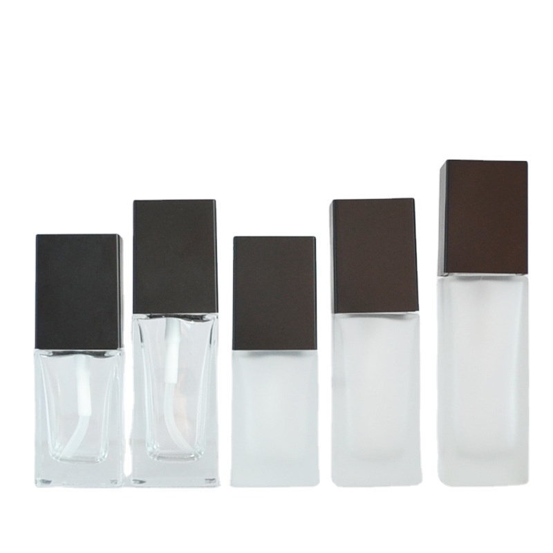 Hot sale 30ml empty square clear frosted pump liquid foundation packaging glass bottle