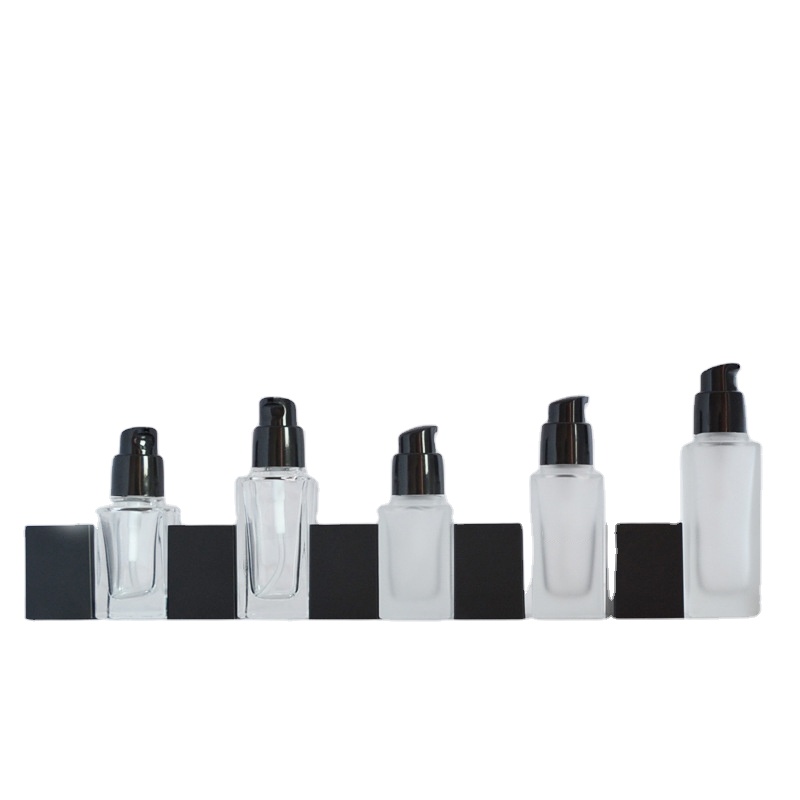 Hot sale 30ml empty square clear frosted pump liquid foundation packaging glass bottle