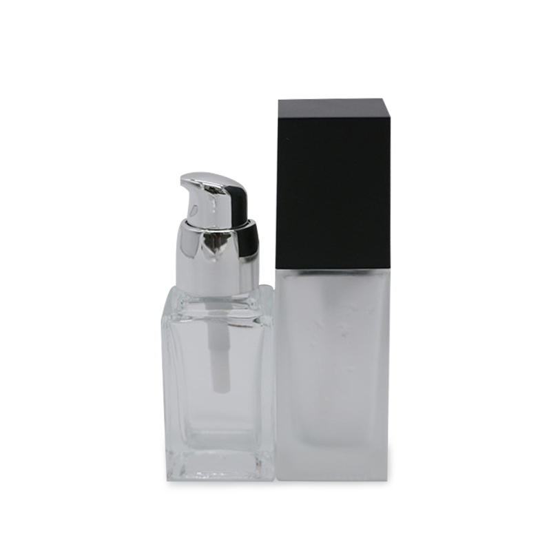 Hot sale 30ml empty square clear frosted pump liquid foundation packaging glass bottle