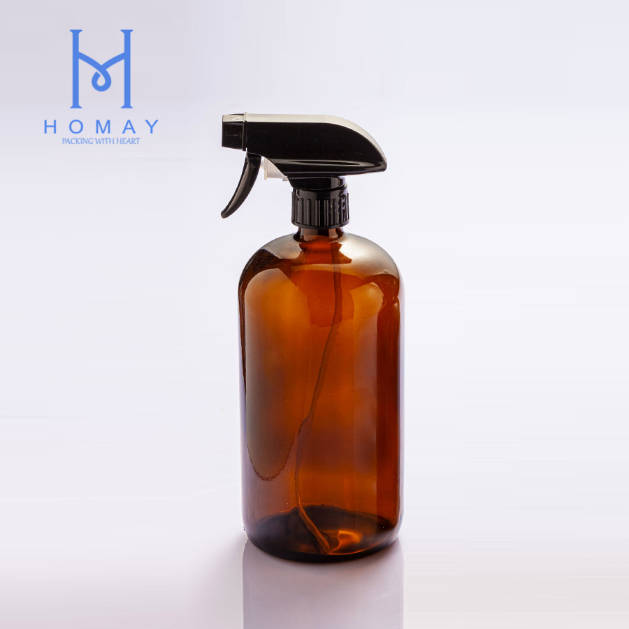 Hot sale 32oz 16oz amber glass Boston round glass bottles with spray pump