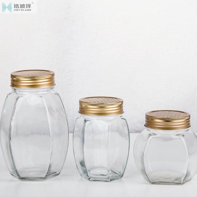 Hot sale 380ml 730ml transparent hexgonal honey glass jar with screw lid