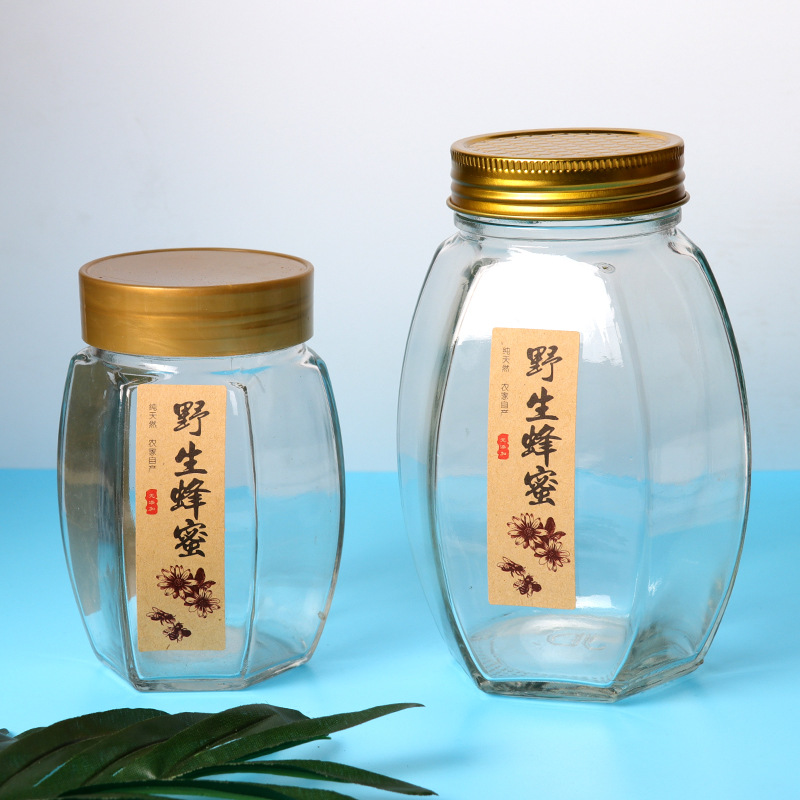 Hot sale 500ml 1000ml honey glass jar hexagonal for jam food storage tea coffee sugar salt ceramic storage jar with metal lids