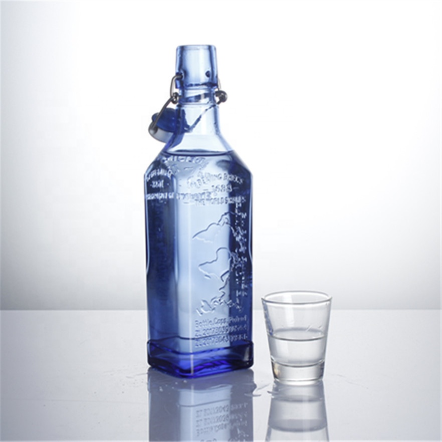 Hot sale 500ml 750ml blue swinging top empty square glass bottle