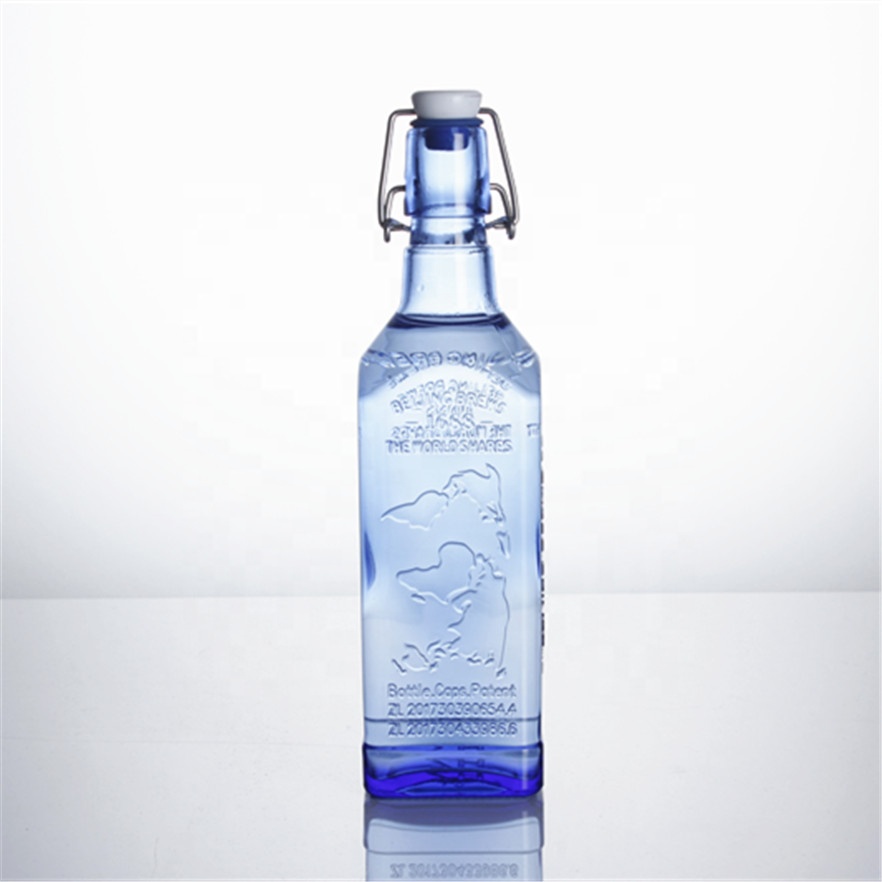 Hot sale 500ml 750ml blue swinging top empty square glass bottle