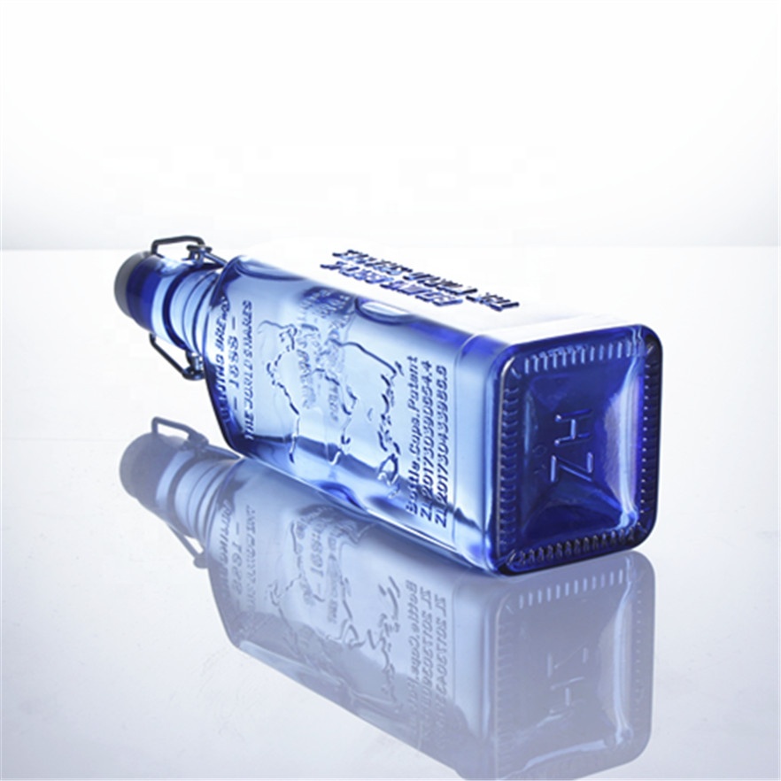 Hot sale 500ml 750ml blue swinging top empty square glass bottle