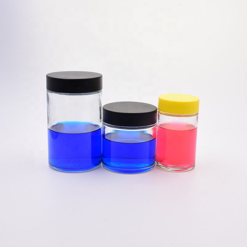Hot sale 500ml 8oz 250ml 4oz 180ml 6oz clear round cosmetic jars kush hemp cbd hanf knospe CR lid flower packaging glass jars