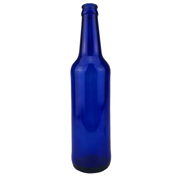 Hot sale 500ml blue long neck beer glass bottle with pry crown cap in stock