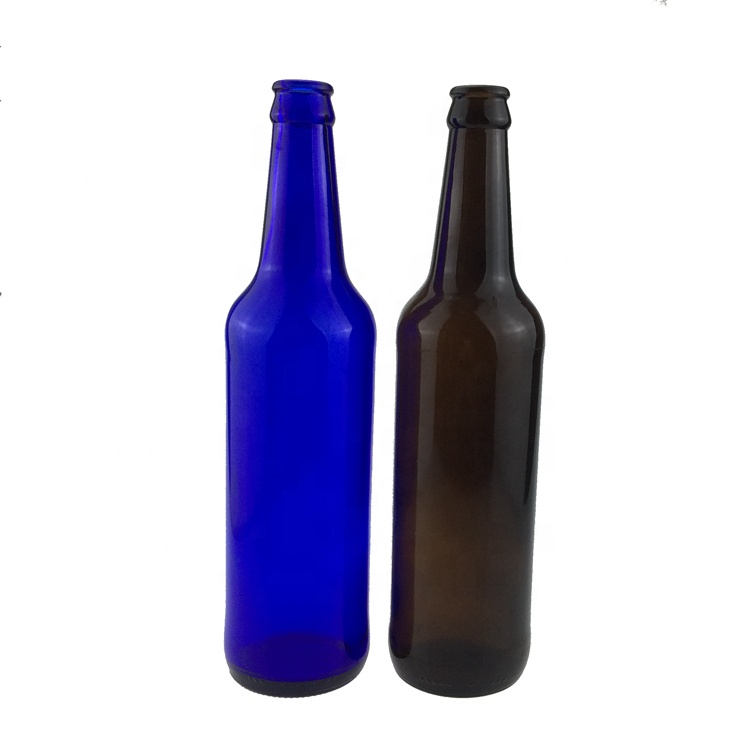 Hot sale 500ml blue long neck beer glass bottle with pry crown cap in stock