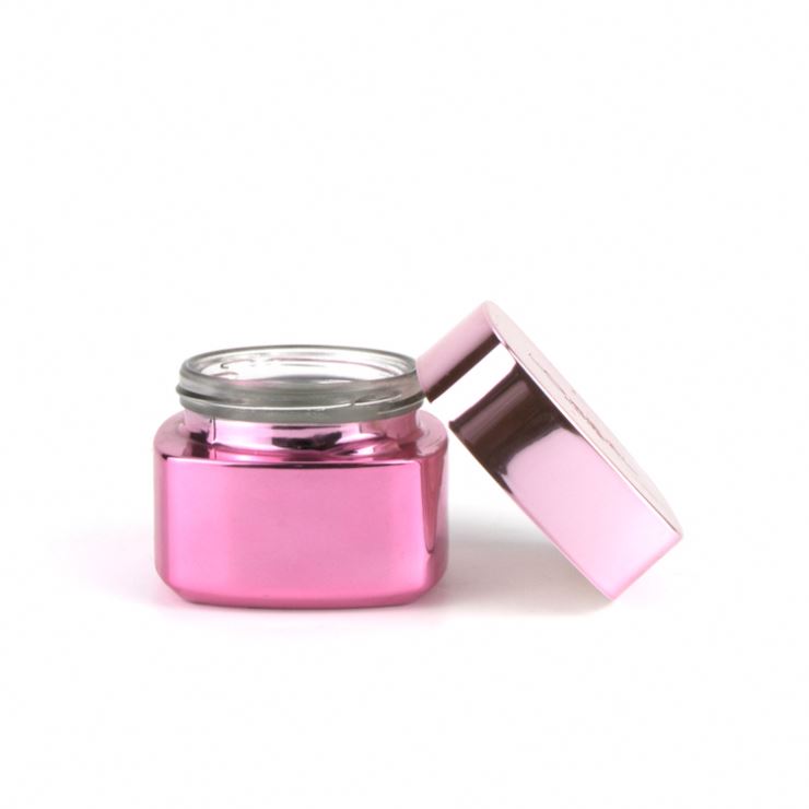 Hot sale 50g pink square shape empty face cream jar cosmetic pot glass jar with electroplate lid for skincare cosmetic cream