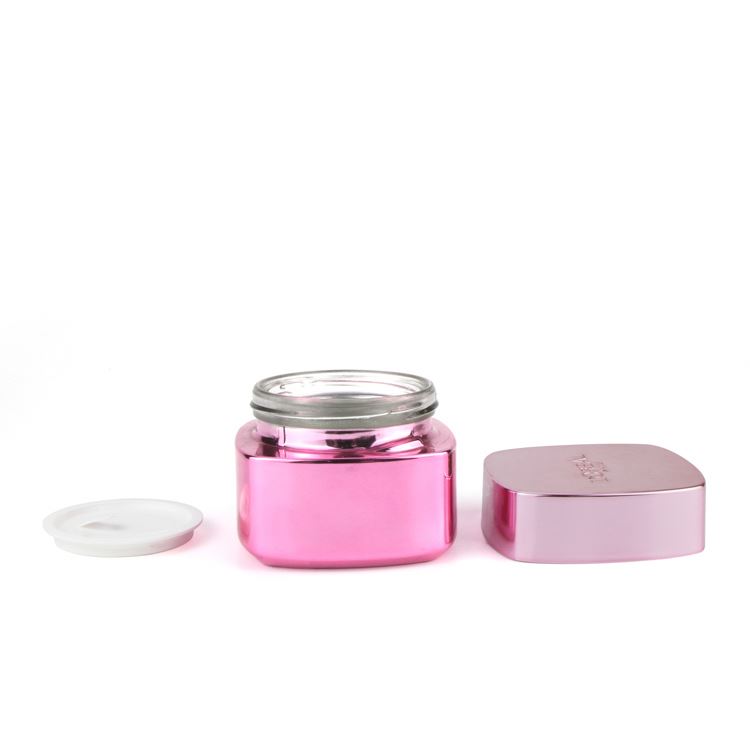 Hot sale 50g pink square shape empty face cream jar cosmetic pot glass jar with electroplate lid for skincare cosmetic cream