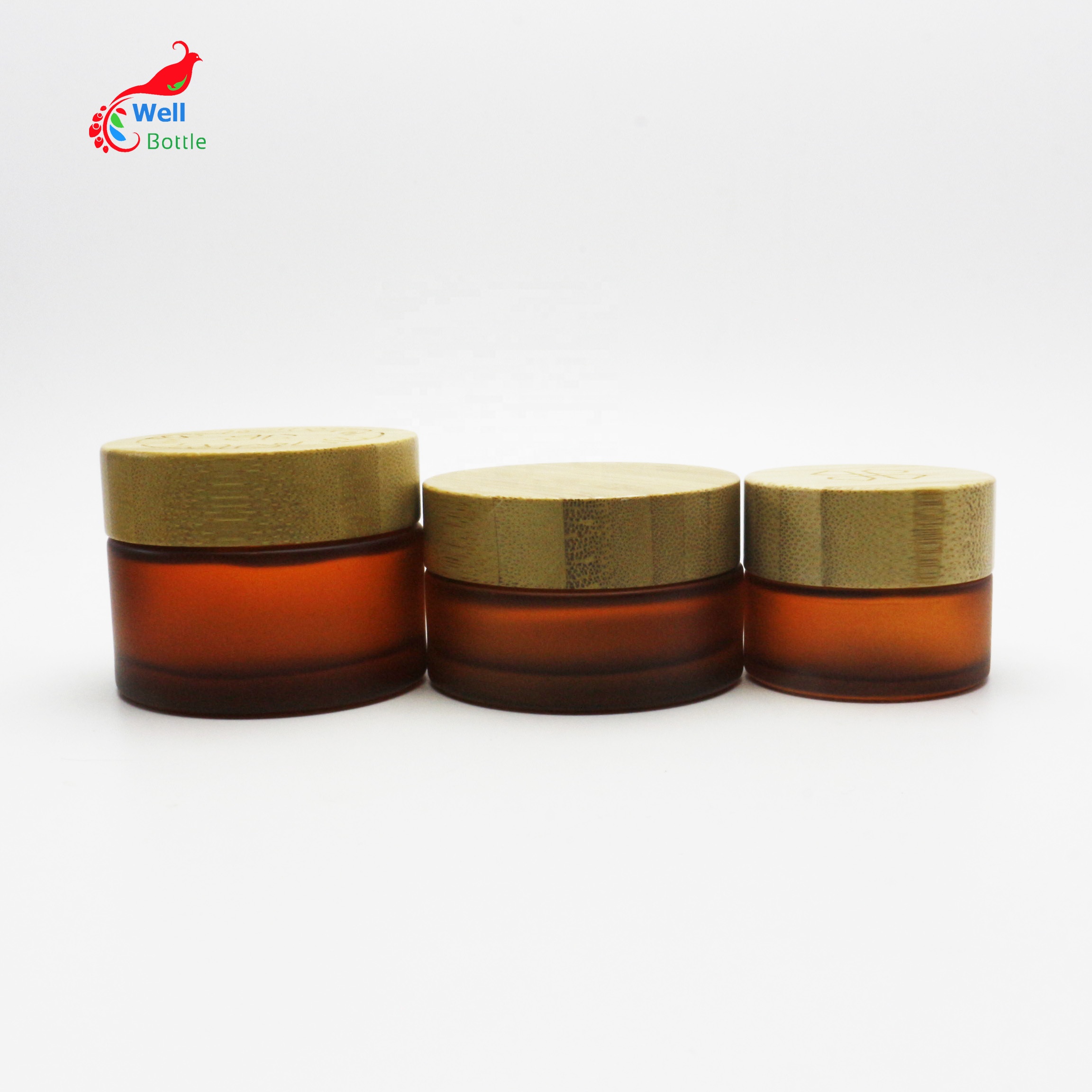 Hot sale 5g 15g 30g 50g 100g frosted amber cosmetic cream glass jar with bamboo lid BJ-374D