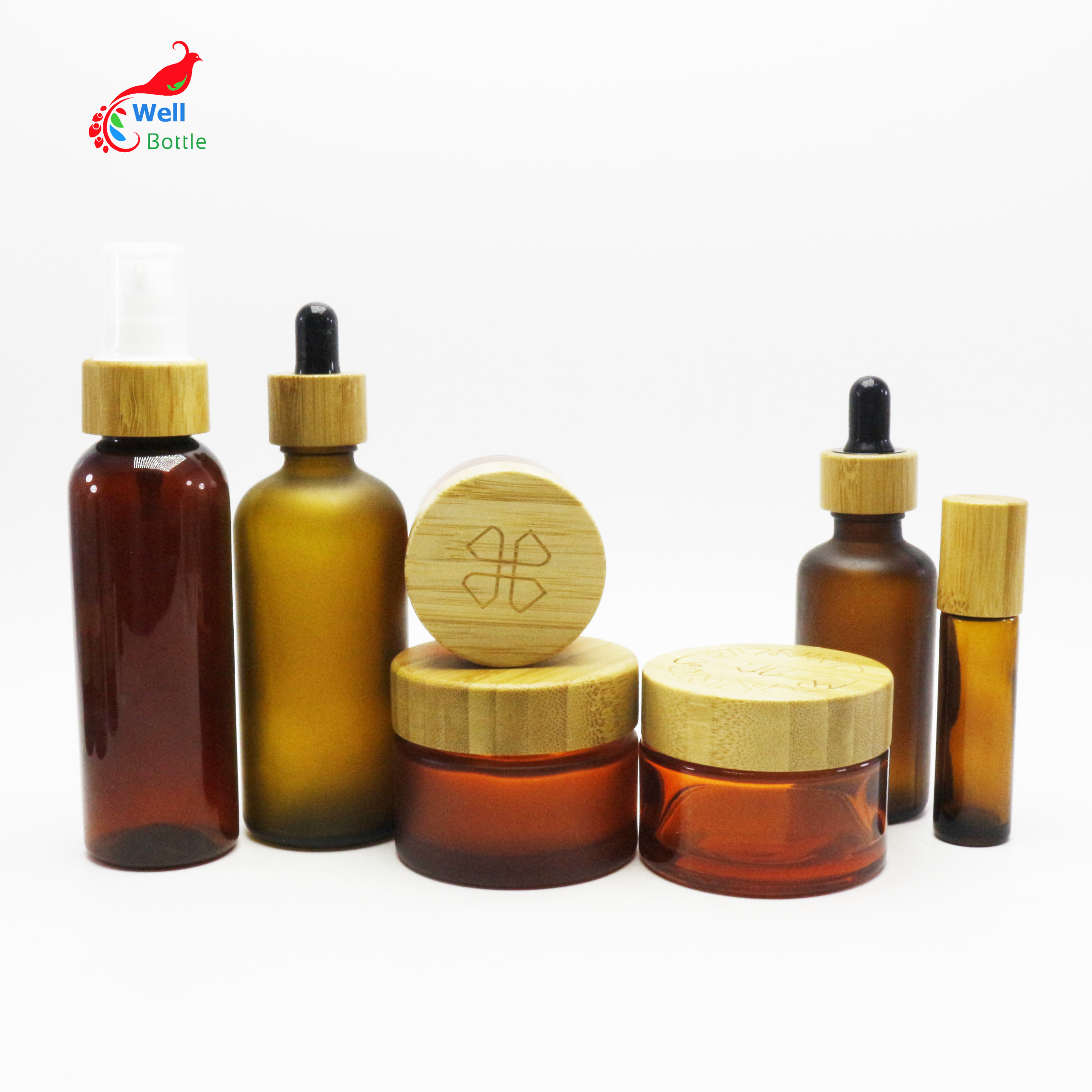 Hot sale 5g 15g 30g 50g 100g frosted amber cosmetic cream glass jar with bamboo lid BJ-374D