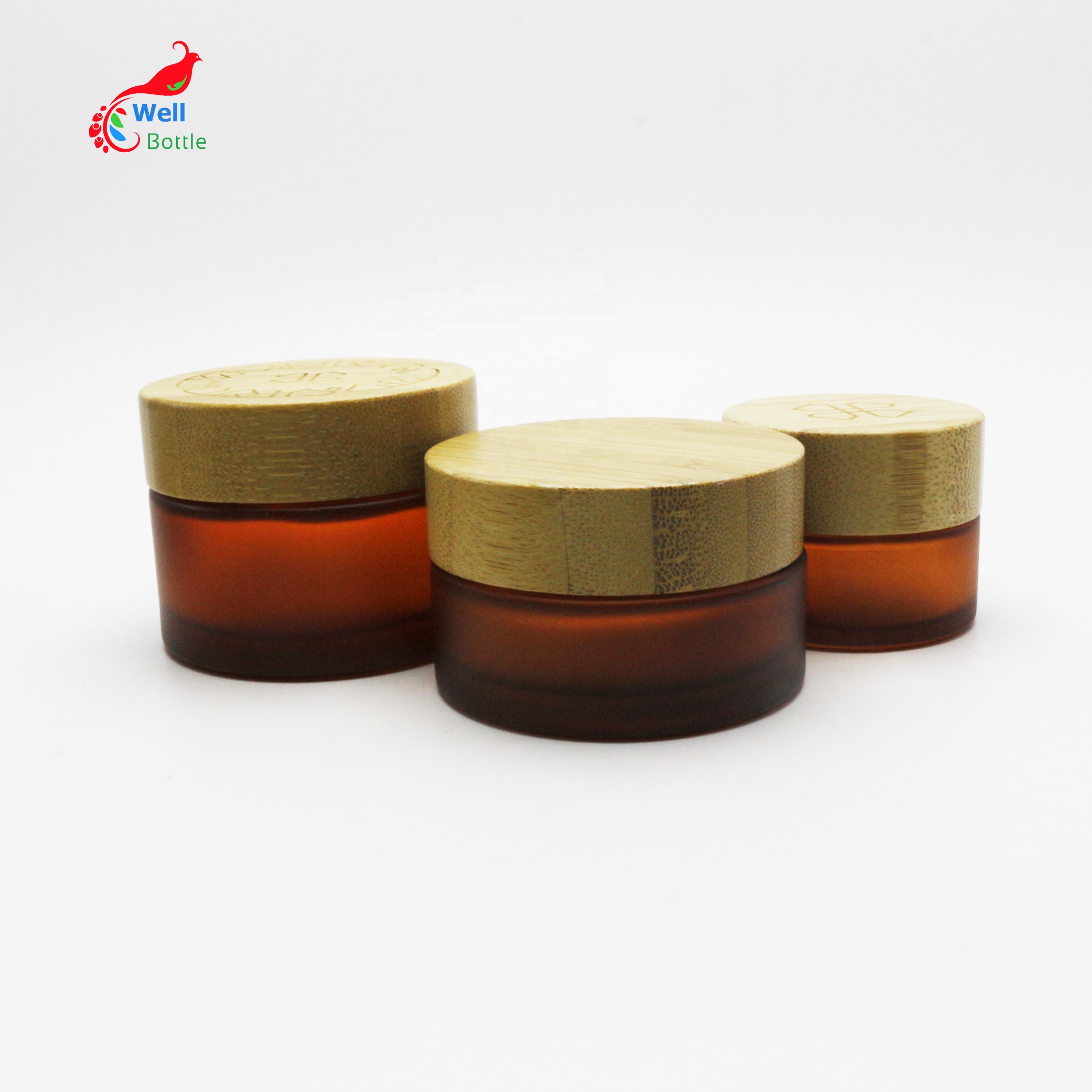 Hot sale 5g 15g 30g 50g 100g frosted amber cosmetic cream glass jar with bamboo lid BJ-374D