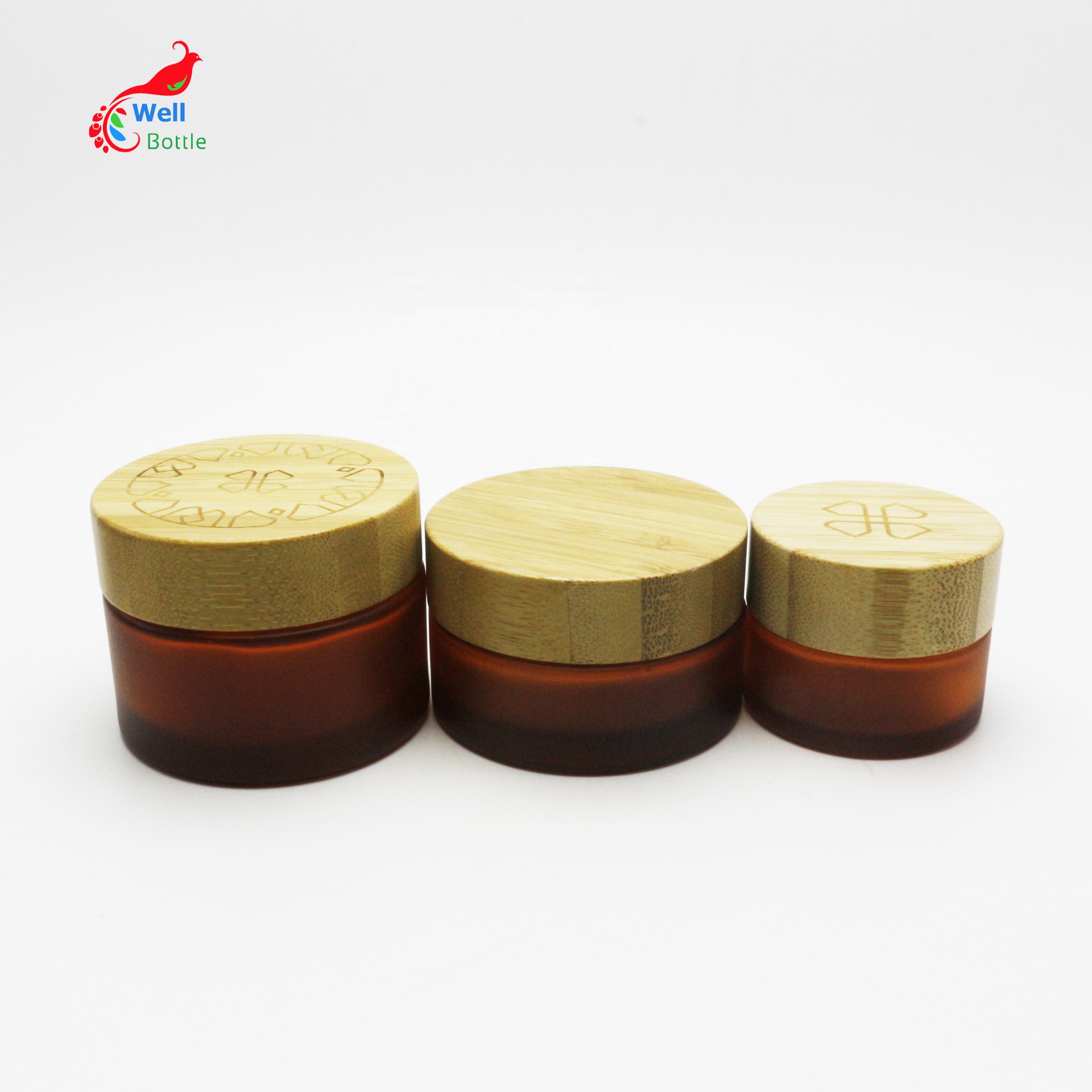 Hot sale 5g 15g 30g 50g 100g frosted amber cosmetic cream glass jar with bamboo lid BJ-374D