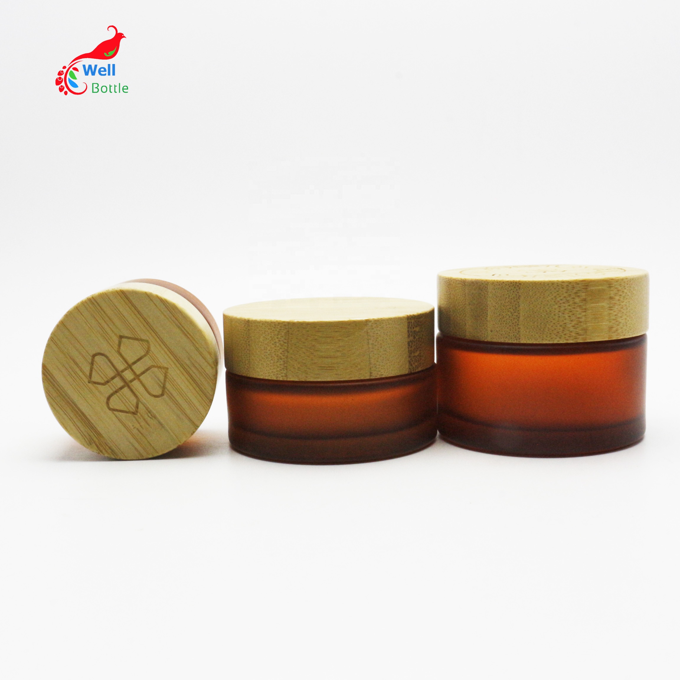 Hot sale 5g 15g 30g 50g 100g frosted amber cosmetic cream glass jar with bamboo lid BJ-374D