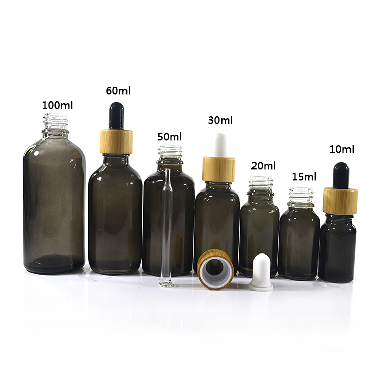 Hot sale 5ml 10ml 15ml 30ml 50ml 60ml 100ml painting clear black essential oil glass dropper bottle with bamboo cap
