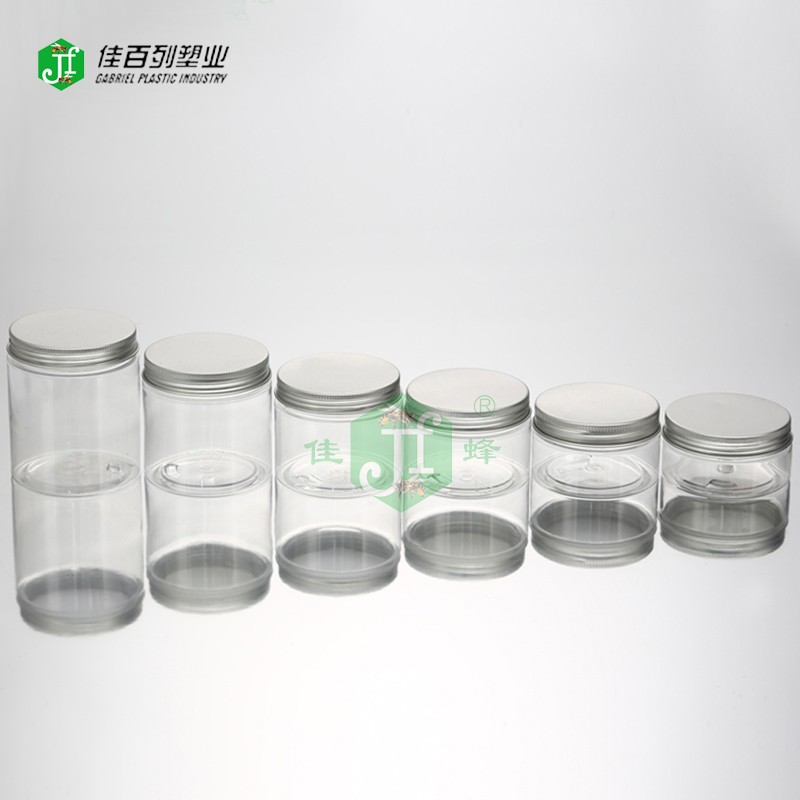 Hot sale Aluminium cap empty round clear cookie jar 100ml PET plastic food jar