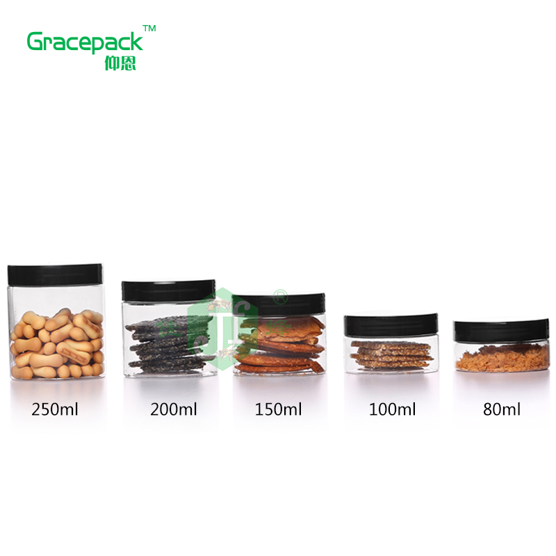Hot sale Aluminium cap empty round clear cookie jar 100ml PET plastic food jar