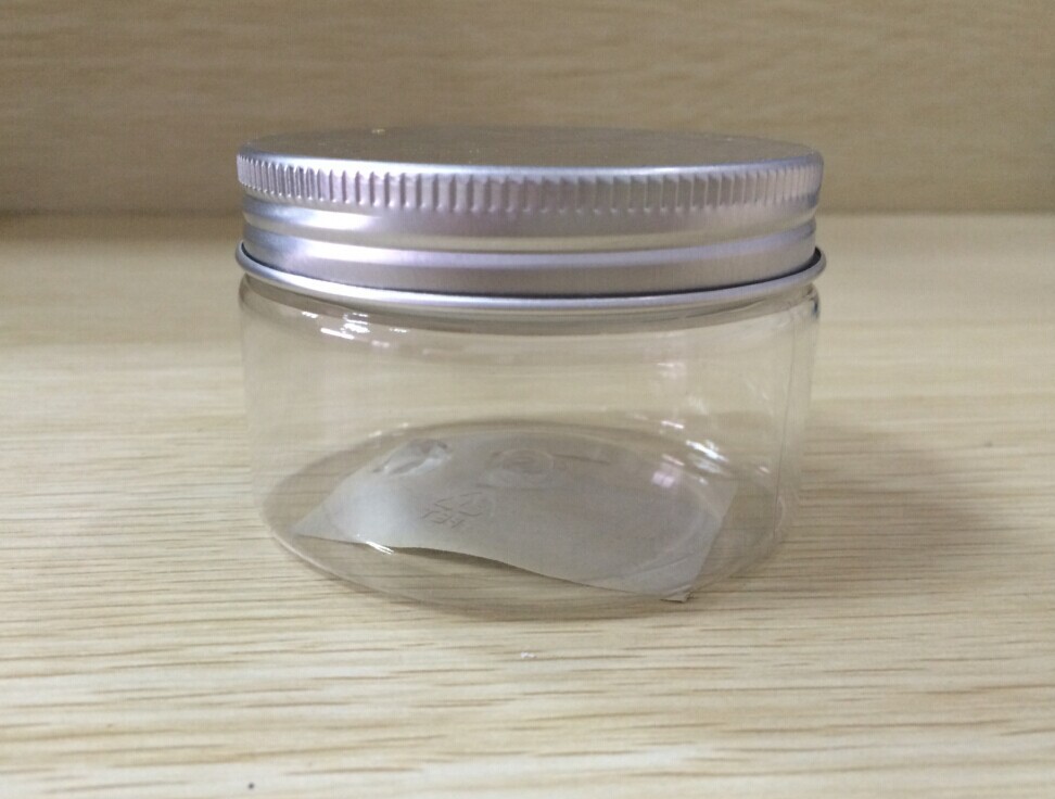 Hot sale Aluminium cap empty round clear cookie jar 100ml PET plastic food jar