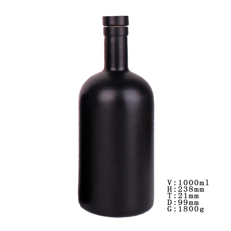 Hot sale Luxury matte black round 1liter 1000ml liquor wine beer glass bottle with stopper