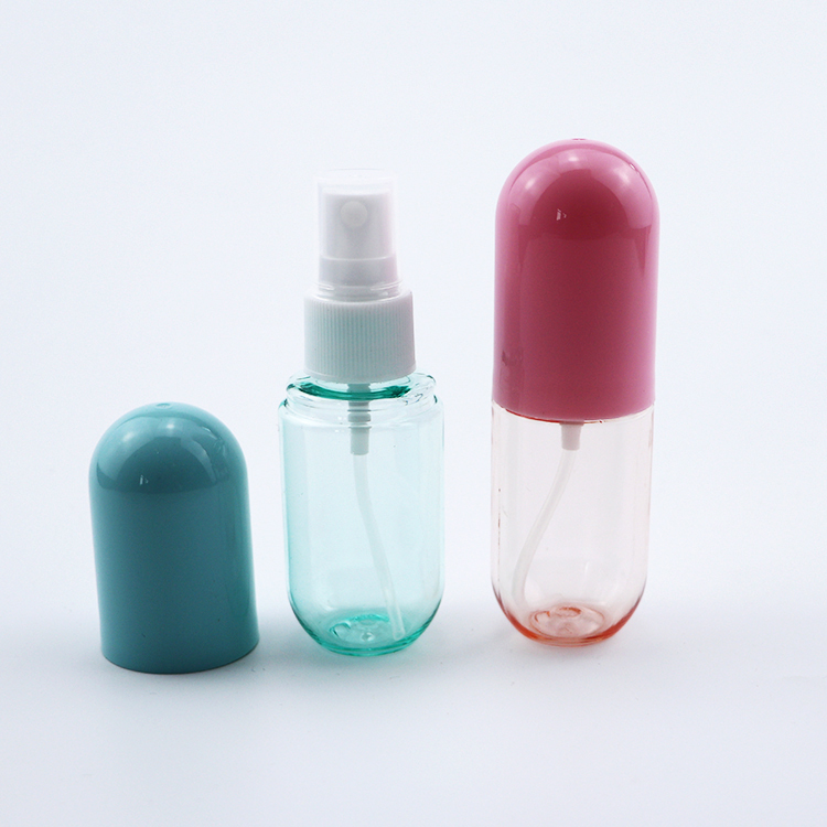 Hot sale PET Plastic Pill Capsule Shaped Pink Blue Cosmetic Spray Pump Bottles