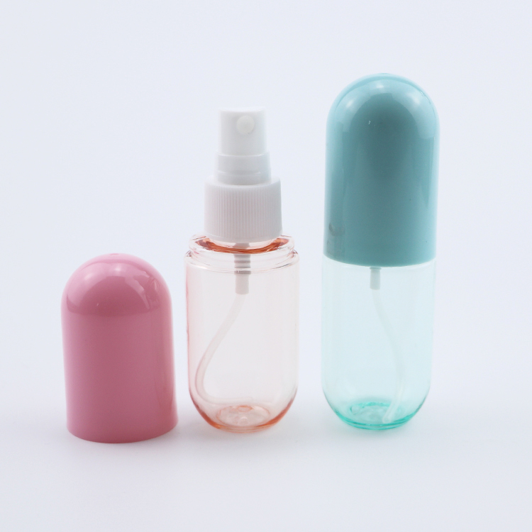 Hot sale PET Plastic Pill Capsule Shaped Pink Blue Cosmetic Spray Pump Bottles