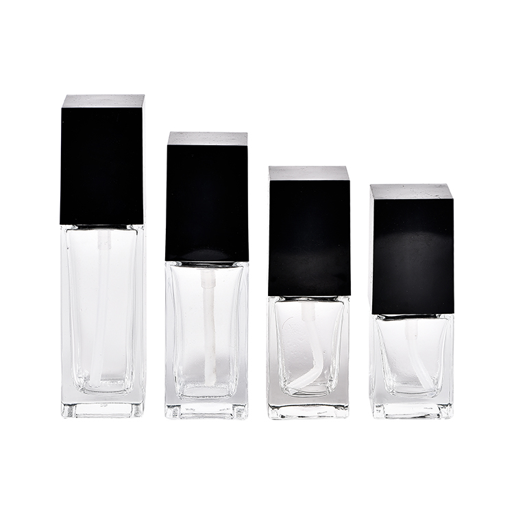 Hot sale Square Shape 15ml 20ml 30ml 40ml Balance Natural Foundation Glass Bottle With Black Lotion Pump Cap