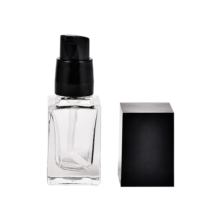 Hot sale Square Shape 15ml 20ml 30ml 40ml Balance Natural Foundation Glass Bottle With Black Lotion Pump Cap