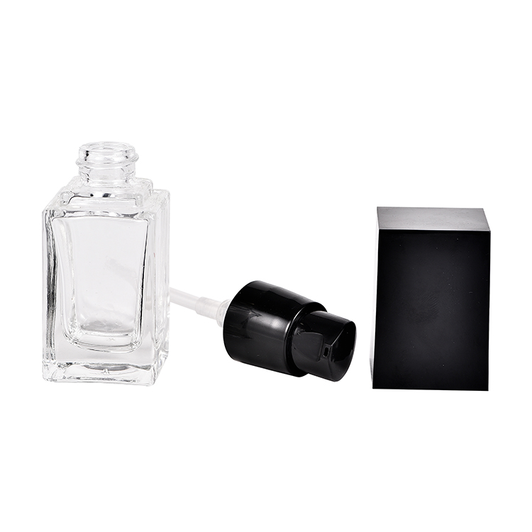 Hot sale Square Shape 15ml 20ml 30ml 40ml Balance Natural Foundation Glass Bottle With Black Lotion Pump Cap