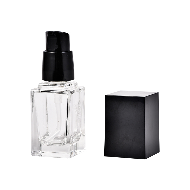 Hot sale Square Shape 15ml 20ml 30ml 40ml Balance Natural Foundation Glass Bottle With Black Lotion Pump Cap