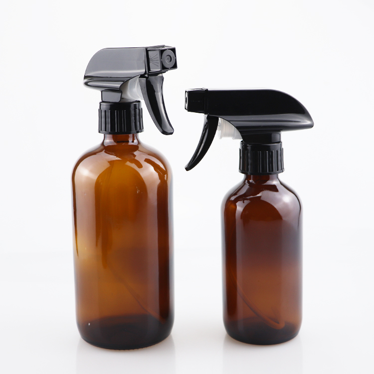 Hot sale amber boston round glass spray oil bottle with trigger sprayer 16oz