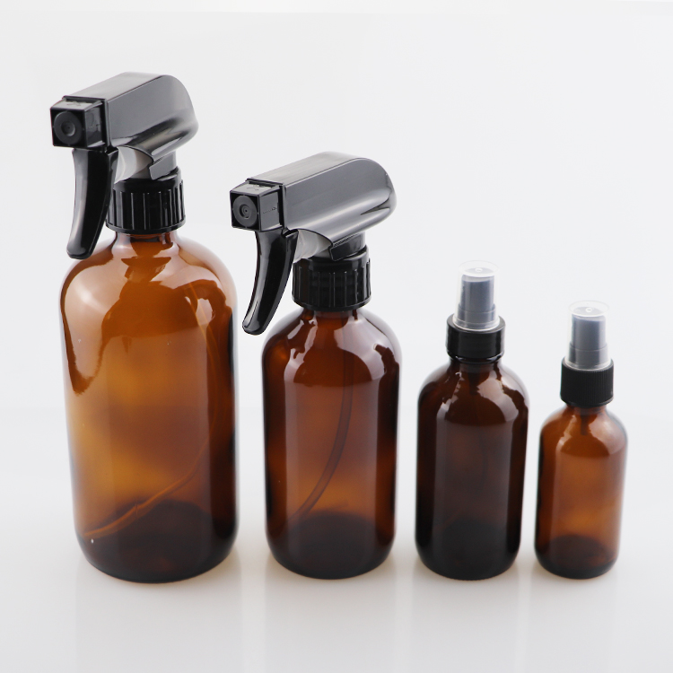 Hot sale amber boston round glass spray oil bottle with trigger sprayer 16oz
