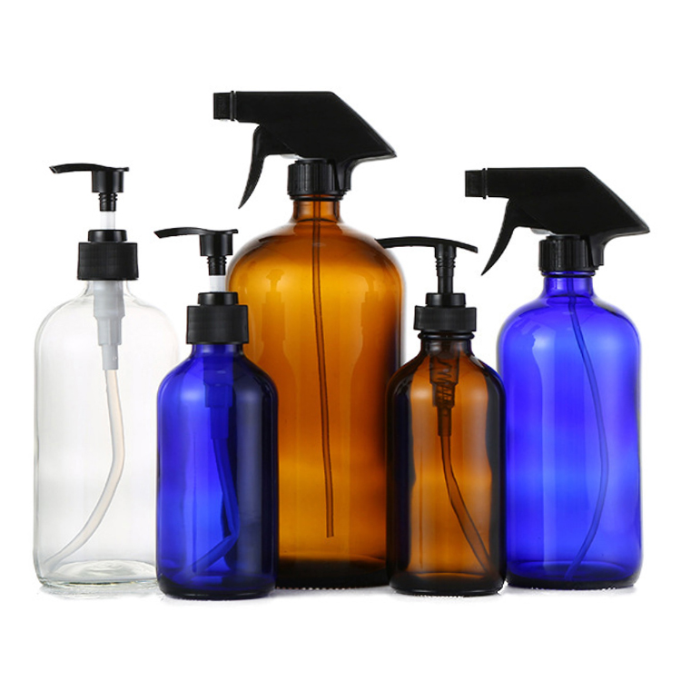 Hot sale amber boston round glass spray oil bottle with trigger sprayer 16oz