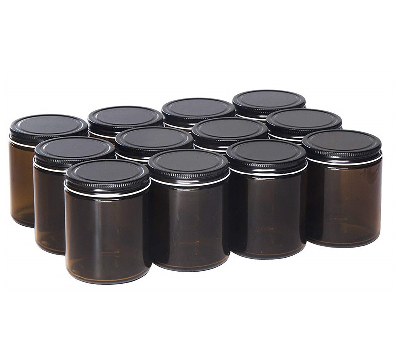 Hot sale amber candle jars 8 oz glass with black tin lids and logo
