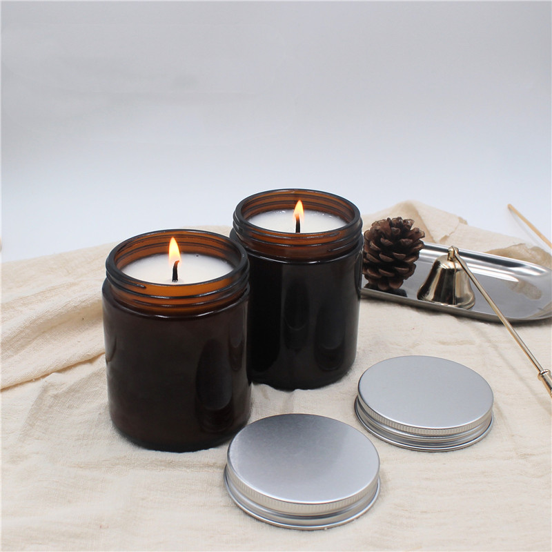 Hot sale amber candle jars 8 oz glass with black tin lids and logo