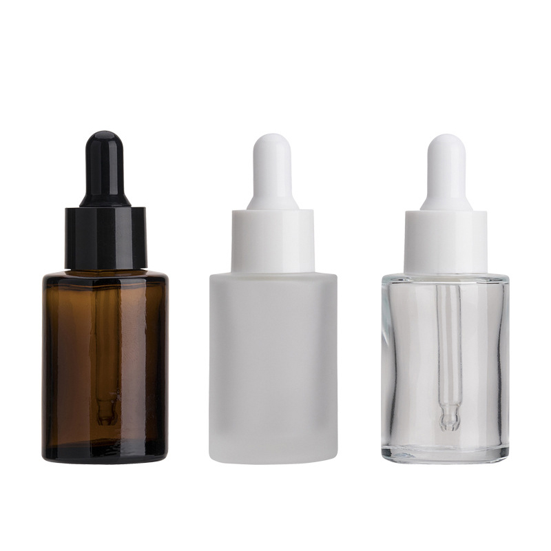 Hot sale amber clear frosted glass bottles 1oz 20ml 30ml 40ml flat shoulder glass dropper bottle for essential oil