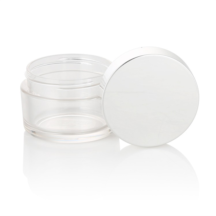 Hot sale beauty plastic packaging empty round clear plastic 100 creme jar with silver lid