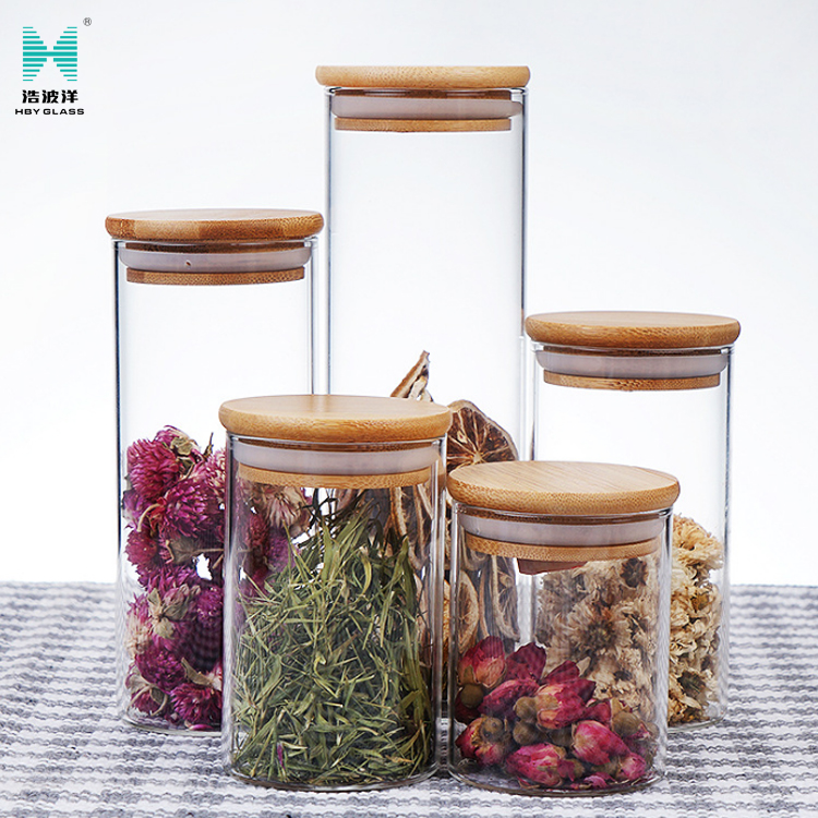 Hot sale borosilicate clear glass bottle bamboo cover for flower tea candy food storage glass jar