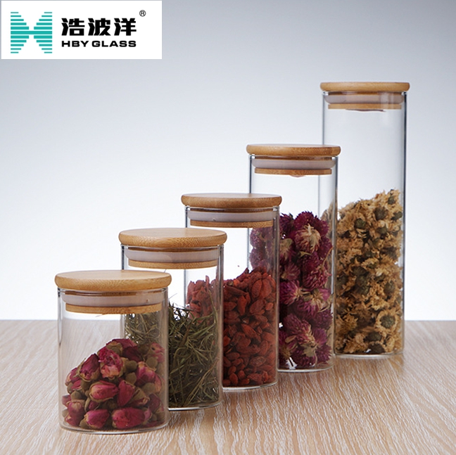 Hot sale borosilicate clear glass bottle bamboo cover for flower tea candy food storage glass jar