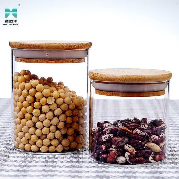 Hot sale borosilicate clear glass bottle bamboo cover for flower tea candy food storage glass jar