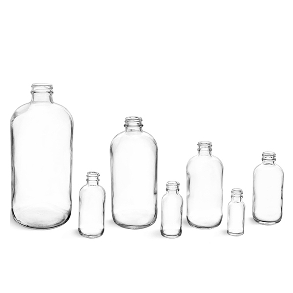 Hot sale clear or frosted boston round glass bottle with various kinds of cap