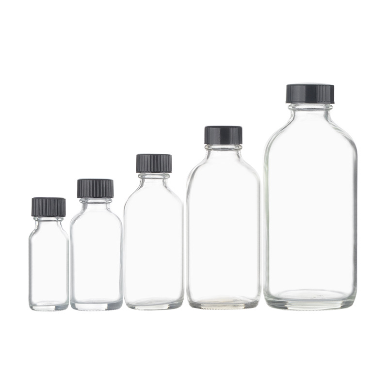 Hot sale clear or frosted boston round glass bottle with various kinds of cap
