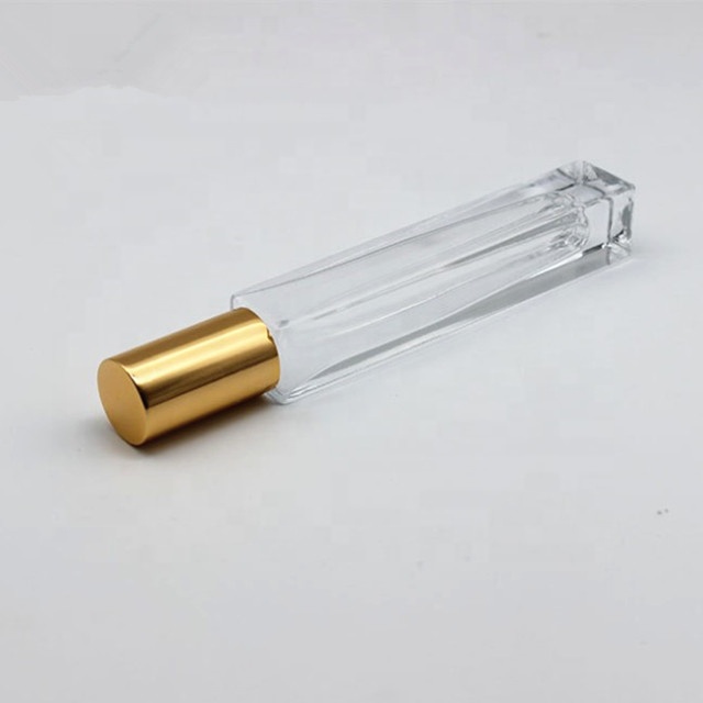 Hot-sale empty 10 ml rectangle thick bottom perfume glass bottle 10ml square roll on bottle with stainless steel roller for esse