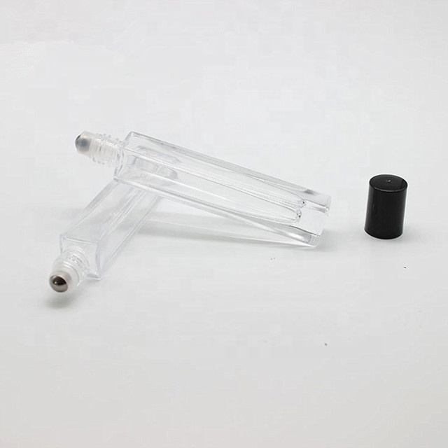 Hot-sale empty 10 ml rectangle thick bottom perfume glass bottle 10ml square roll on bottle with stainless steel roller for esse