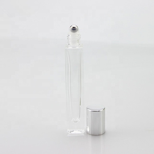 Hot-sale empty 10 ml rectangle thick bottom perfume glass bottle 10ml square roll on bottle with stainless steel roller for esse