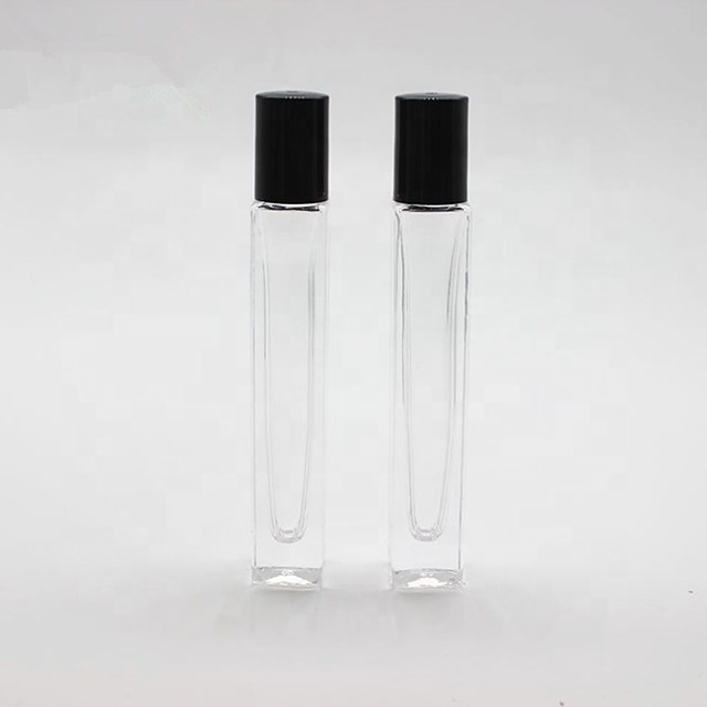 Hot-sale empty 10 ml rectangle thick bottom perfume glass bottle 10ml square roll on bottle with stainless steel roller for esse