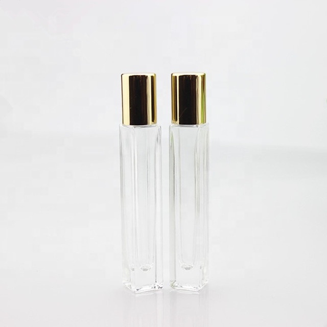 Hot-sale empty 10 ml rectangle thick bottom perfume glass bottle 10ml square roll on bottle with stainless steel roller for esse
