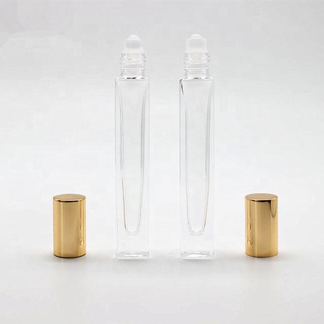 Hot-sale empty 10 ml rectangle thick bottom perfume glass bottle 10ml square roll on bottle with stainless steel roller for esse