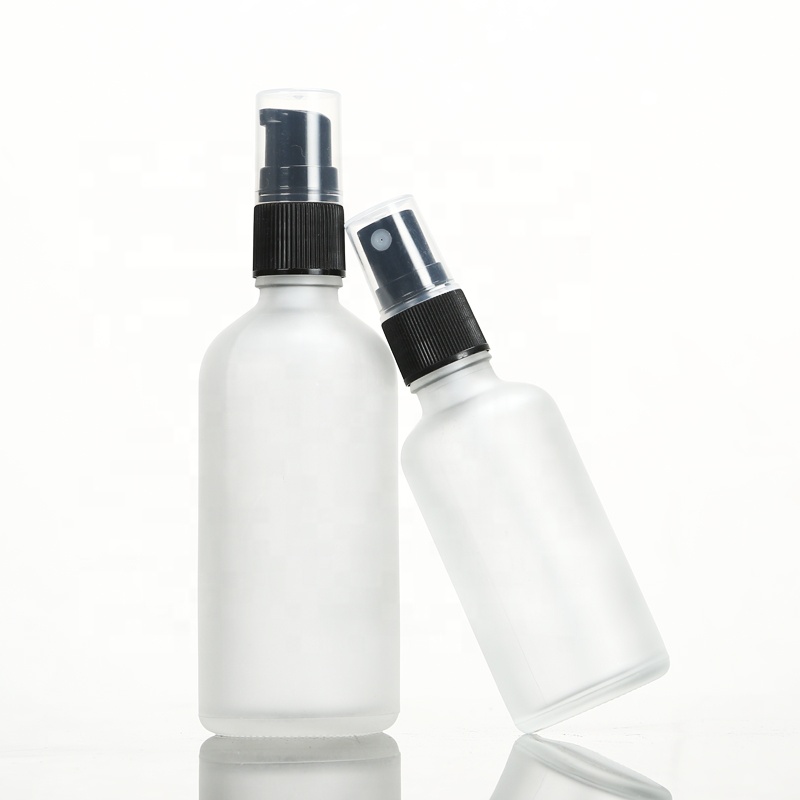 Hot sale empty 100ml frosted round alcohol spray glass bottle with mist fine sprayer
