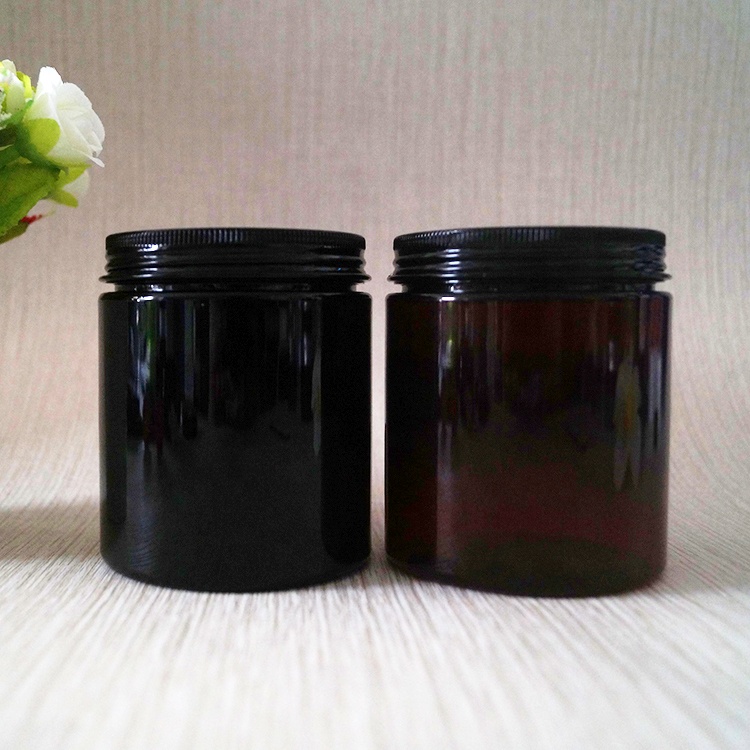 Hot sale empty large plastic cosmetic container 500g pet jar black with lids